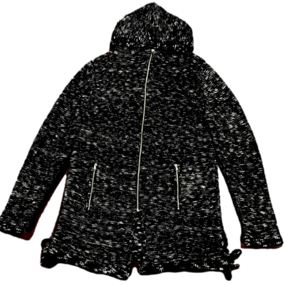 Leif Nelson Black & White Hooded Zip Up Long Line Cardigan Sweater - Size Large